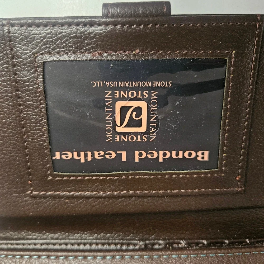 Stone Mountain Bonded Leather Trifold Wallet Turquoise Brown Floral Embossed